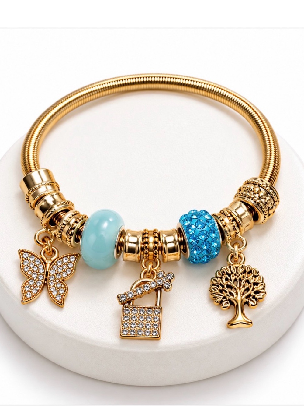Gold Charm Bracelet with Blue and Aqua Beads